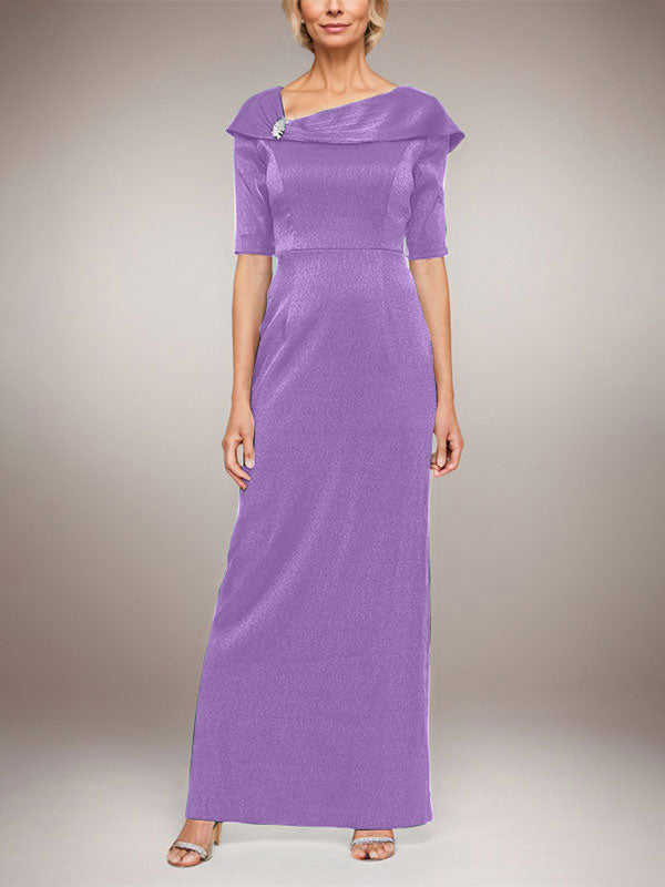 Langes schimmerndes Säulenkleid mit umgeschlagenem Ärmelbündchen, L-Ausschnitt und Ellbogenärmeln