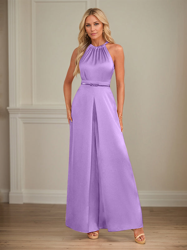 Jumpsuits Neckholder bodenlanges Satin Hochzeitskleid