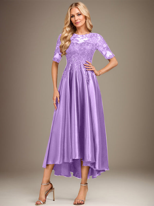 A-Linie Rundhalsausschnitt Illusion Asymmetrisches Stretch-Satin-Spitzen-Brautmutterkleid mit Pailletten