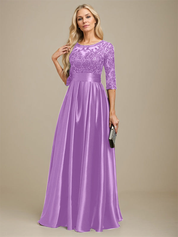 A-Linien Ausschnitt Illusions bodenlanges Stretch-Satin-Spitzenkleid für die Brautmutter mit Schleife und Pailletten