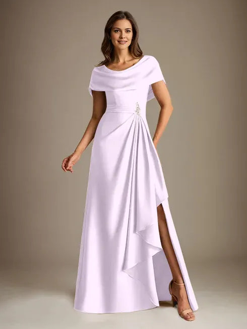 A-Linien-Kleid mit Rundhalsausschnitt, bodenlang, aus Stretch-Satin, Brautmutterkleid mit fallenden Rüschen