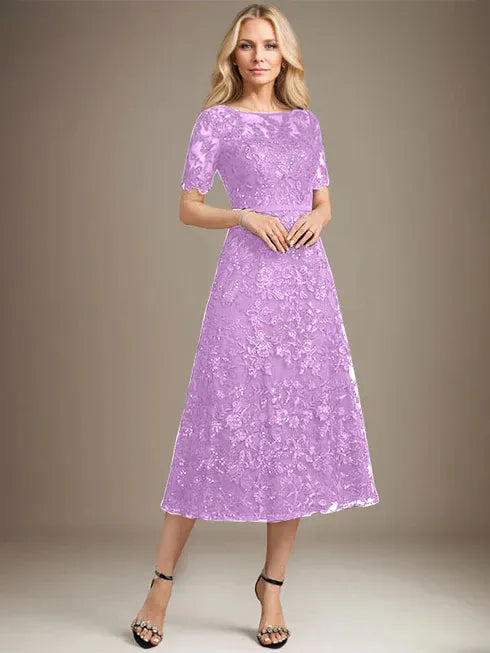 A-Linien Rundhals Illusions-Tea-Length Spitzenkleid der Brautmutter mit Pailletten