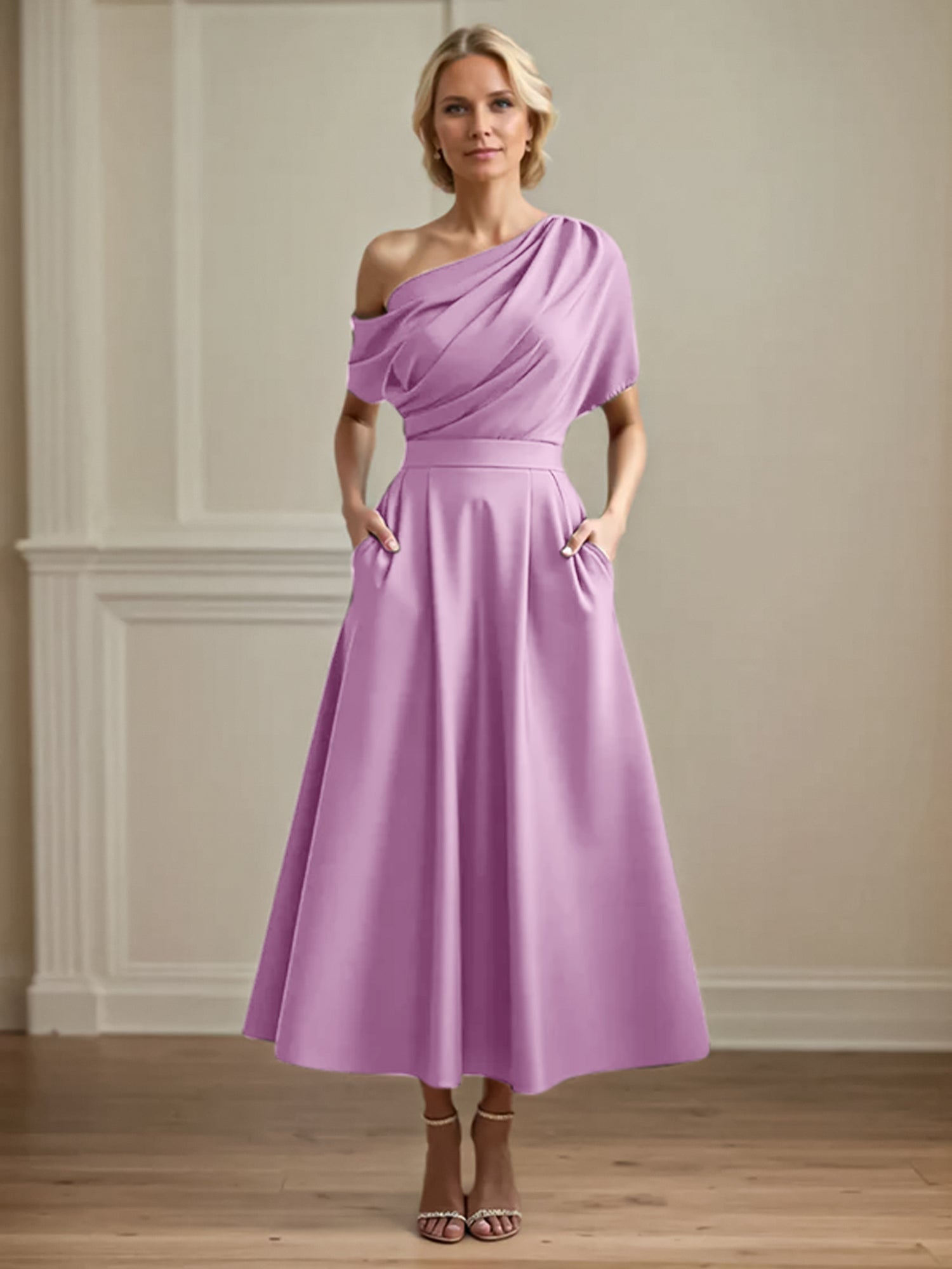 A Line Satin One Shoulder Pleated Ankle Length Mother of the Bride Dress