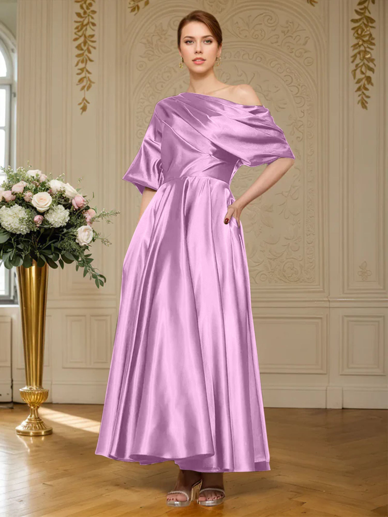 A-Linien Kurzarm plissiertes knöchellanges seidenähnliches Satin Kleid für die Brautmutter