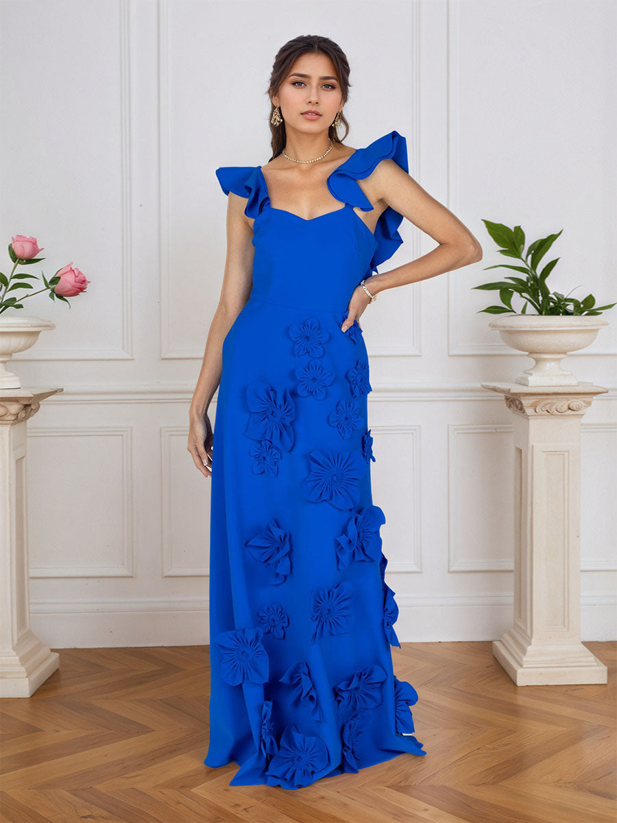 Vestido formal lilás justo com flores 3D e mangas com babados