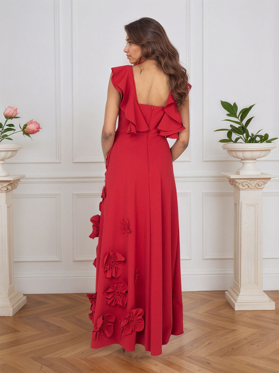 Vestido formal lilás justo com flores 3D e mangas com babados