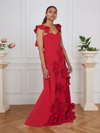 Vestido formal lilás justo com flores 3D e mangas com babados