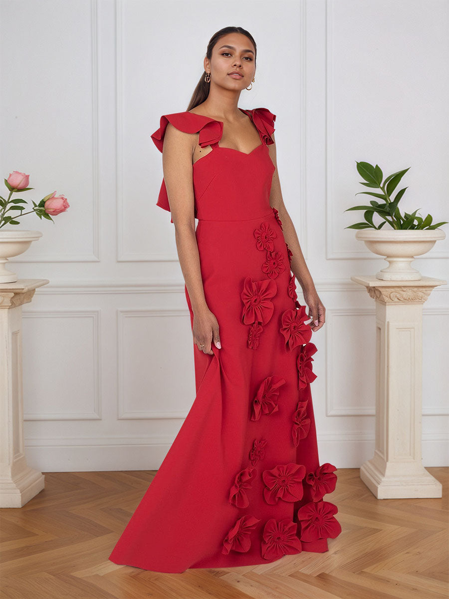 Vestido formal lilás justo com flores 3D e mangas com babados