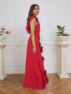 Vestido formal lilás justo com flores 3D e mangas com babados