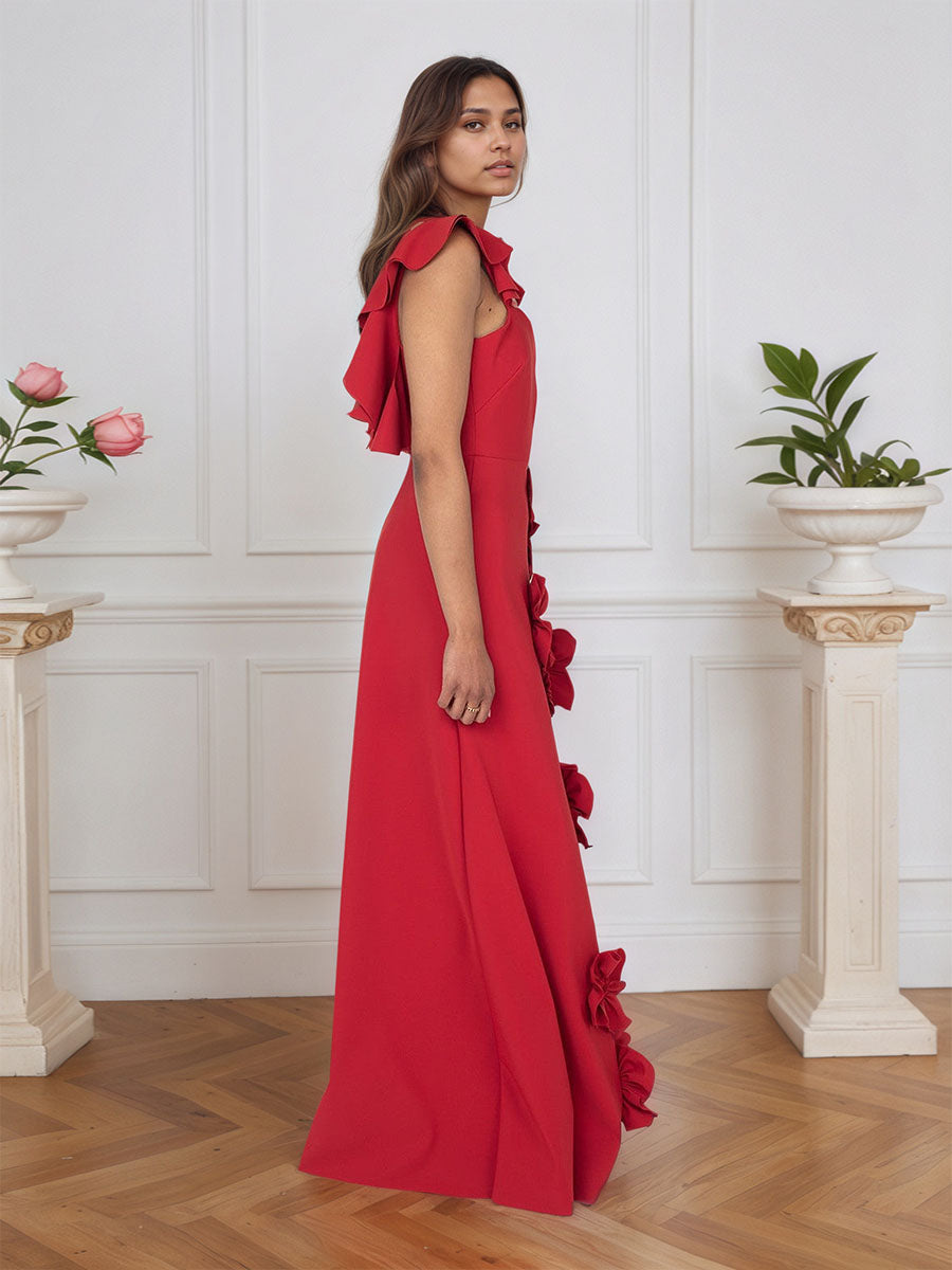 Vestido formal lilás justo com flores 3D e mangas com babados