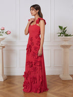 Vestido formal lilás justo com flores 3D e mangas com babados