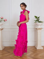 Vestido formal lilás justo com flores 3D e mangas com babados