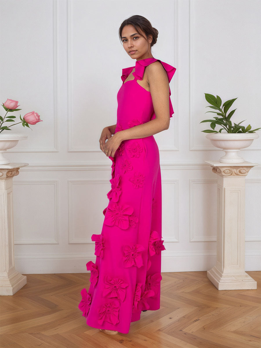 Vestido formal lilás justo com flores 3D e mangas com babados