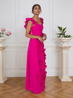 Vestido formal lilás justo com flores 3D e mangas com babados