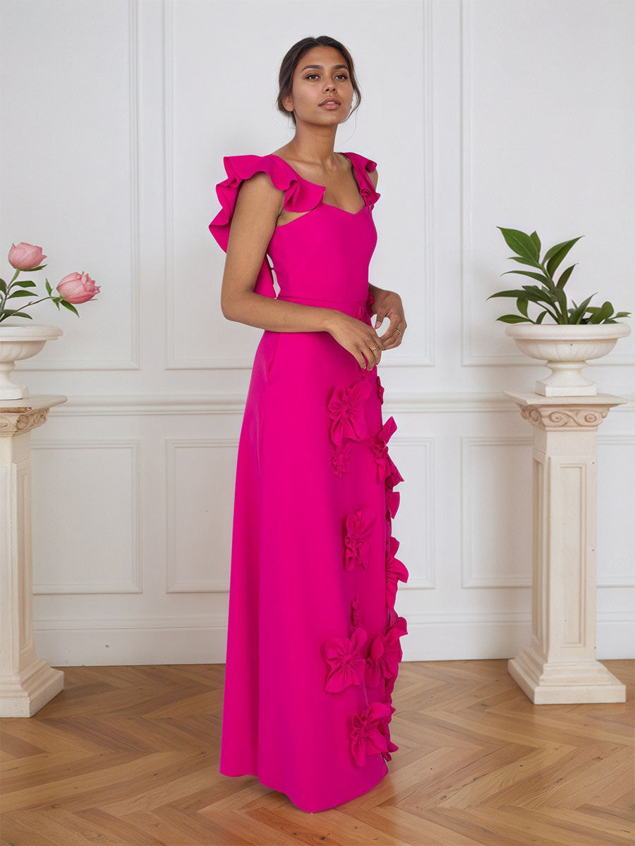 Vestido formal lilás justo com flores 3D e mangas com babados