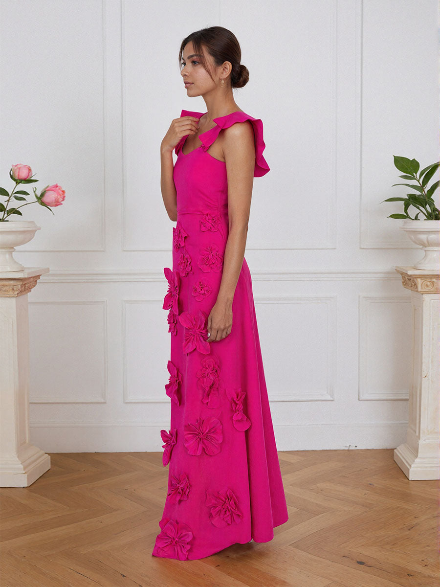 Vestido formal lilás justo com flores 3D e mangas com babados