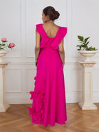 Vestido formal lilás justo com flores 3D e mangas com babados