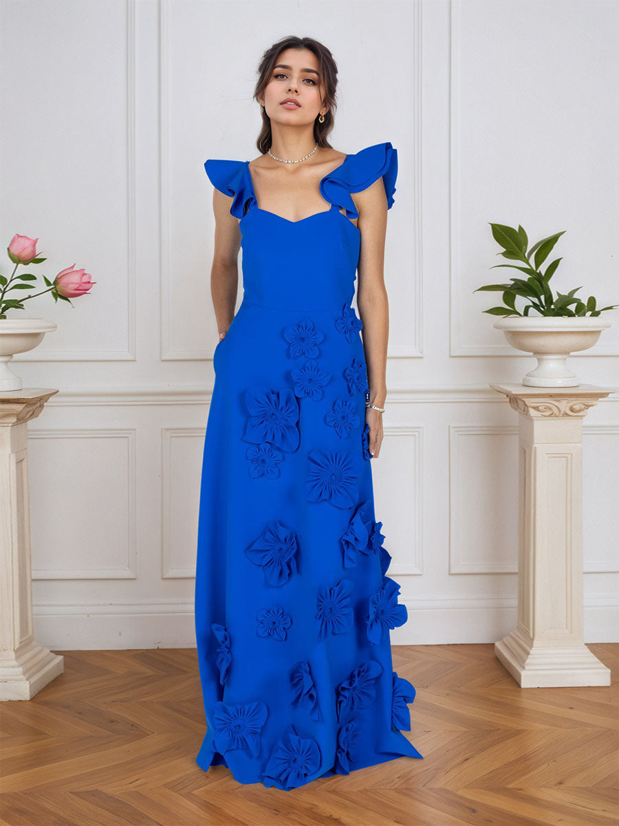 Robe de soirée lilas fourreau floral 3D avec manches à volants