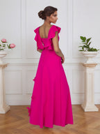 Vestido formal lilás justo com flores 3D e mangas com babados