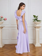 Vestido formal lilás justo com flores 3D e mangas com babados