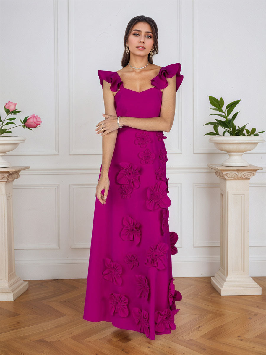Vestido formal lilás justo com flores 3D e mangas com babados