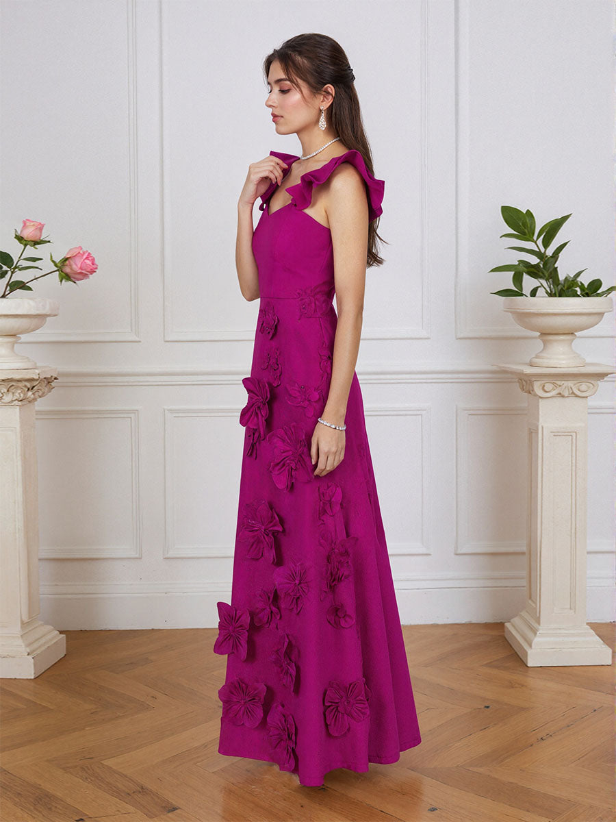 Vestido formal lilás justo com flores 3D e mangas com babados