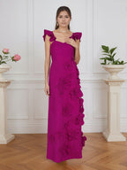 Vestido formal lilás justo com flores 3D e mangas com babados