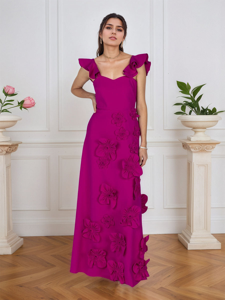 Vestido formal lilás justo com flores 3D e mangas com babados