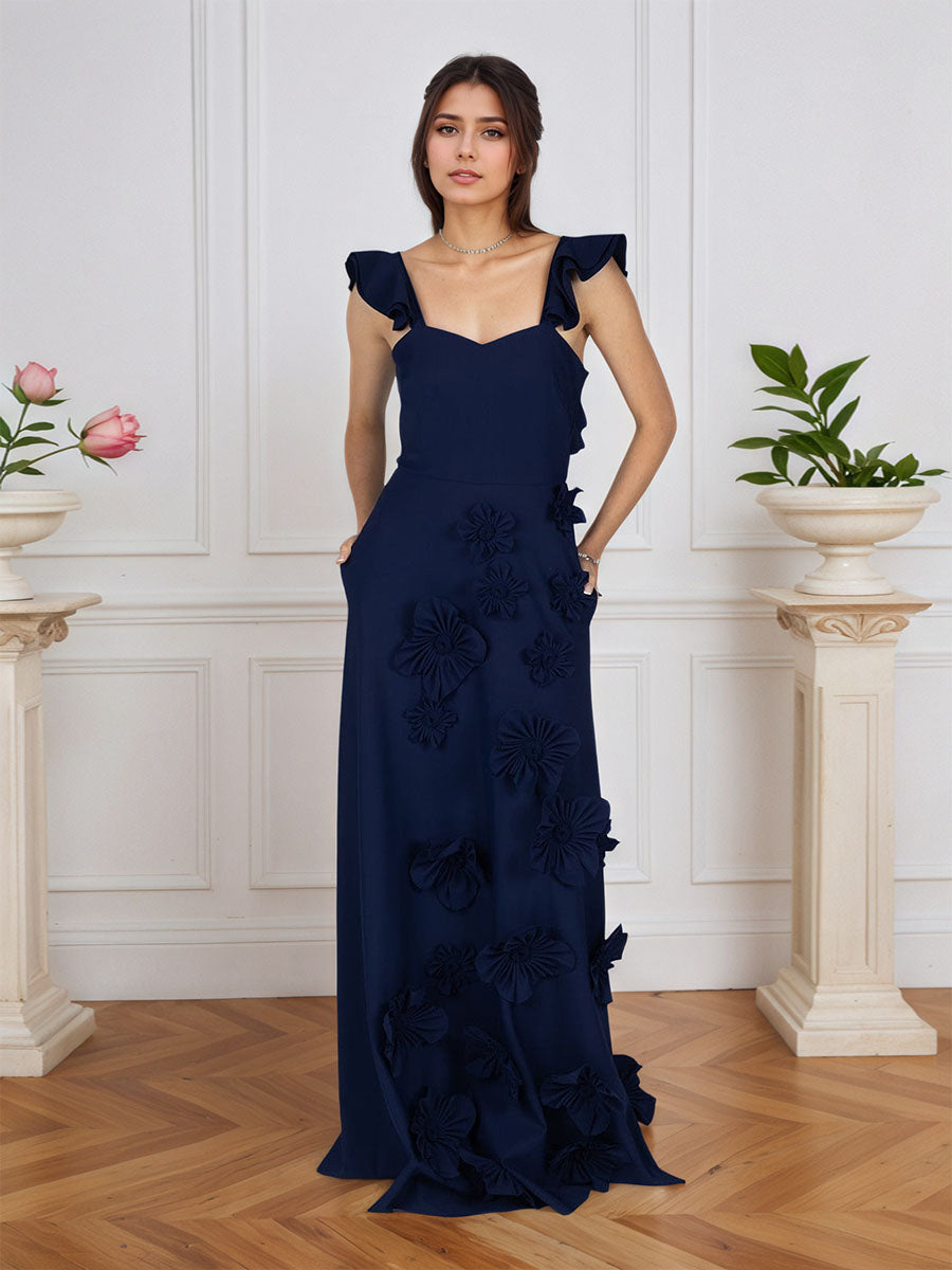 Robe de soirée lilas fourreau floral 3D avec manches à volants