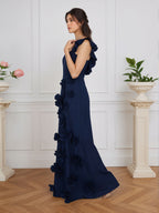 Vestido formal lilás justo com flores 3D e mangas com babados