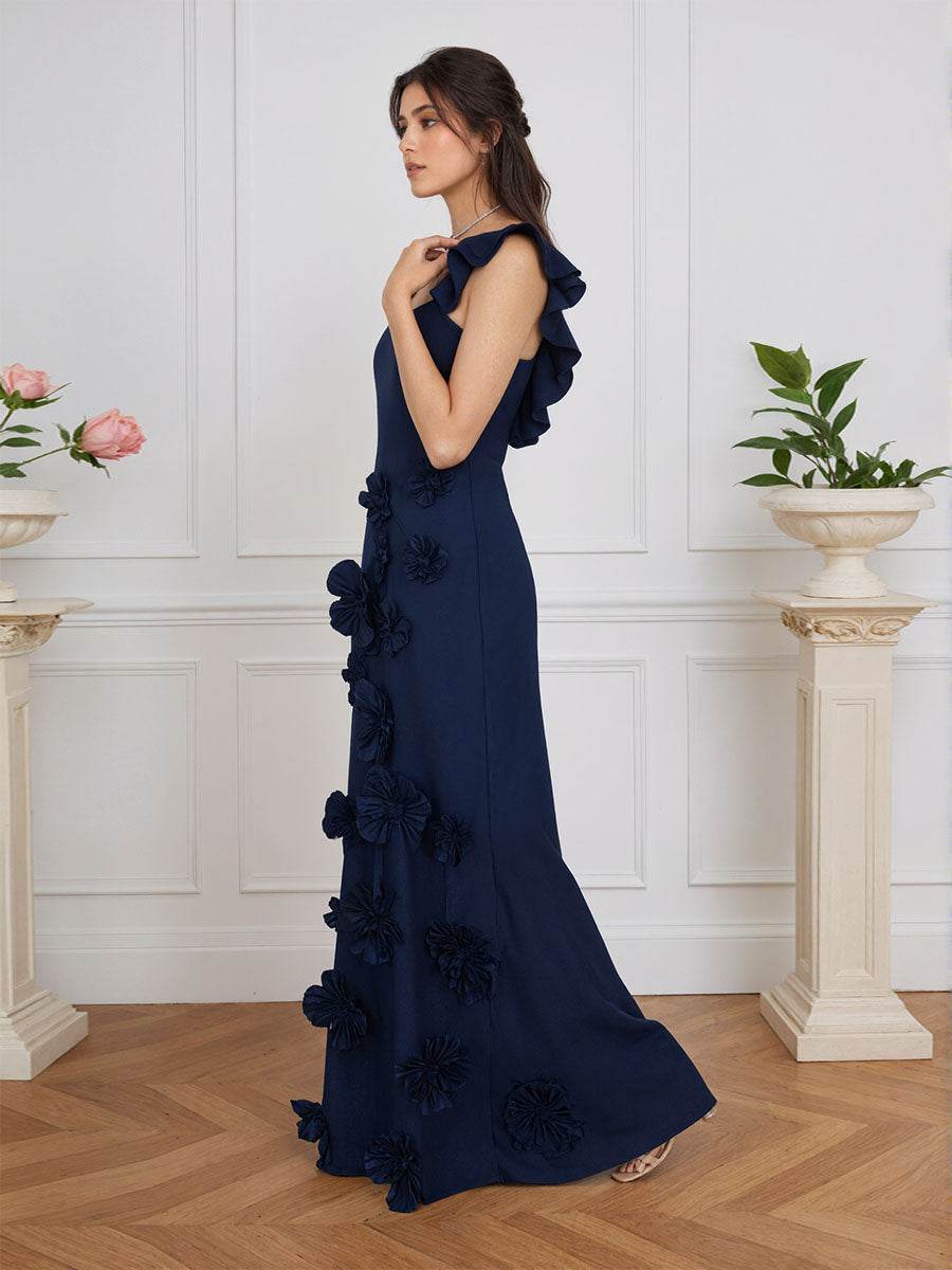 Vestido formal lilás justo com flores 3D e mangas com babados