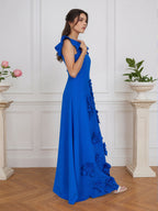 Vestido formal lilás justo com flores 3D e mangas com babados