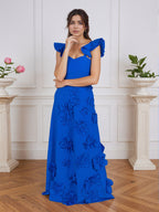 Vestido formal lilás justo com flores 3D e mangas com babados