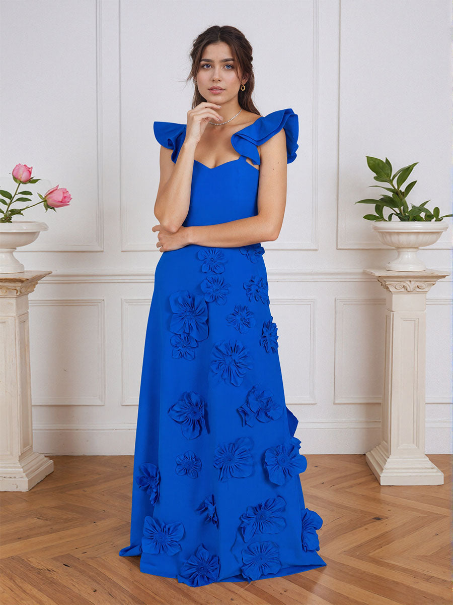 Vestido formal lilás justo com flores 3D e mangas com babados