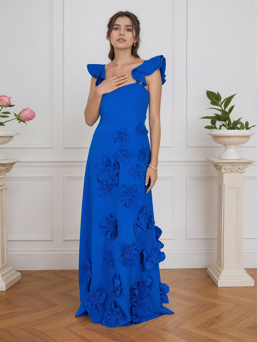 Vestido formal lilás justo com flores 3D e mangas com babados