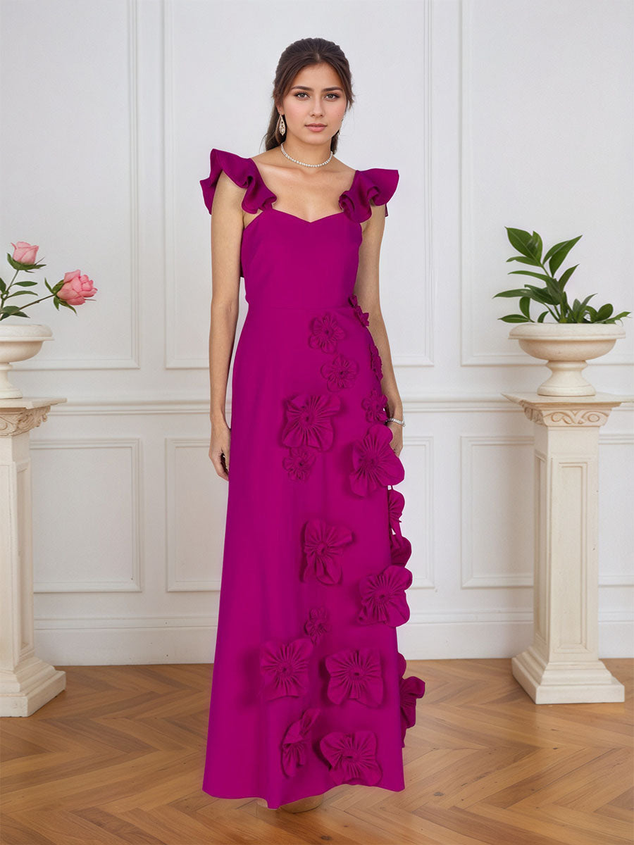 Vestido formal lilás justo com flores 3D e mangas com babados