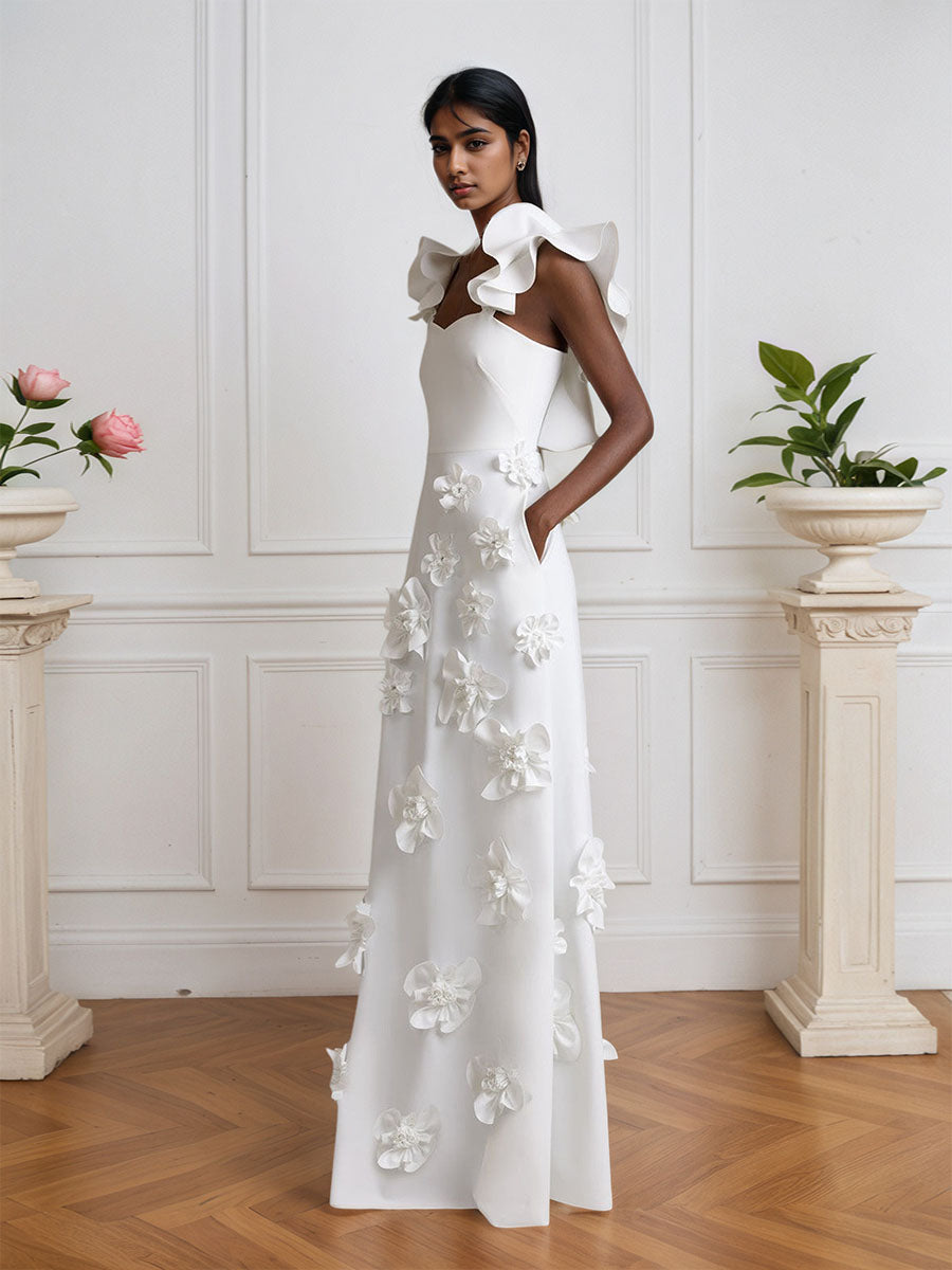 Robe de soirée lilas fourreau floral 3D avec manches à volants
