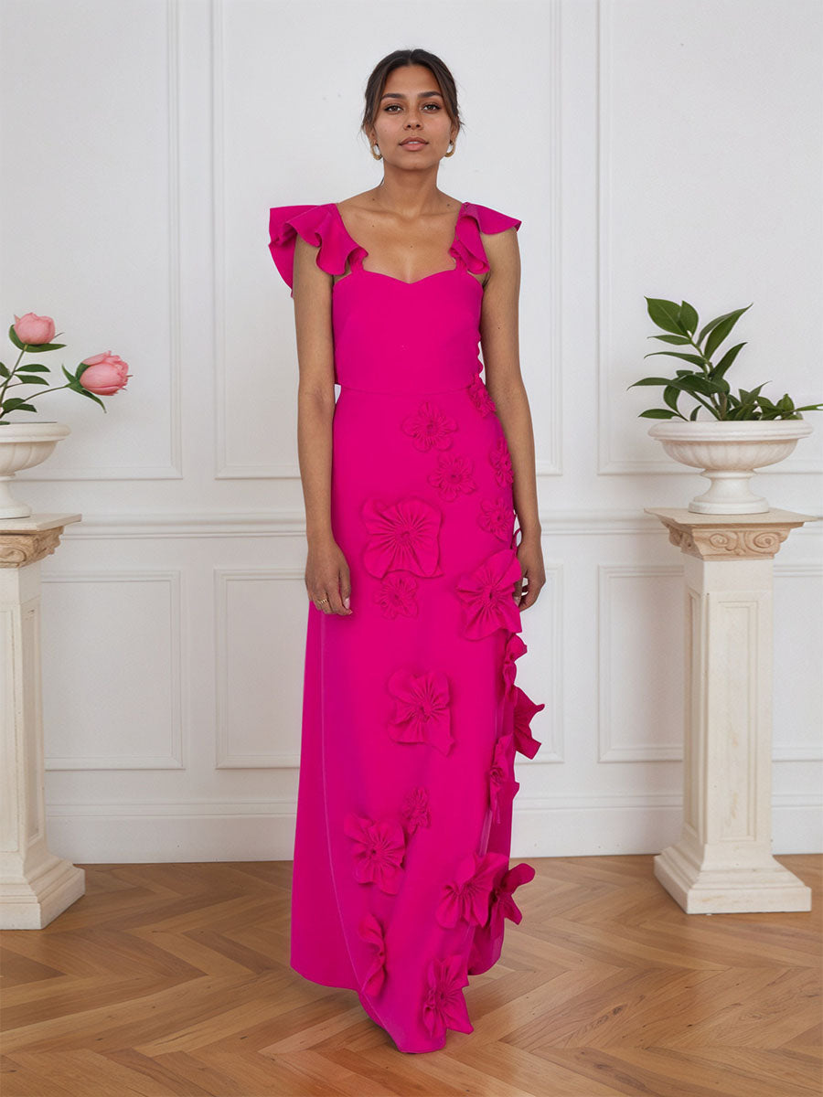 Robe de soirée lilas fourreau floral 3D avec manches à volants