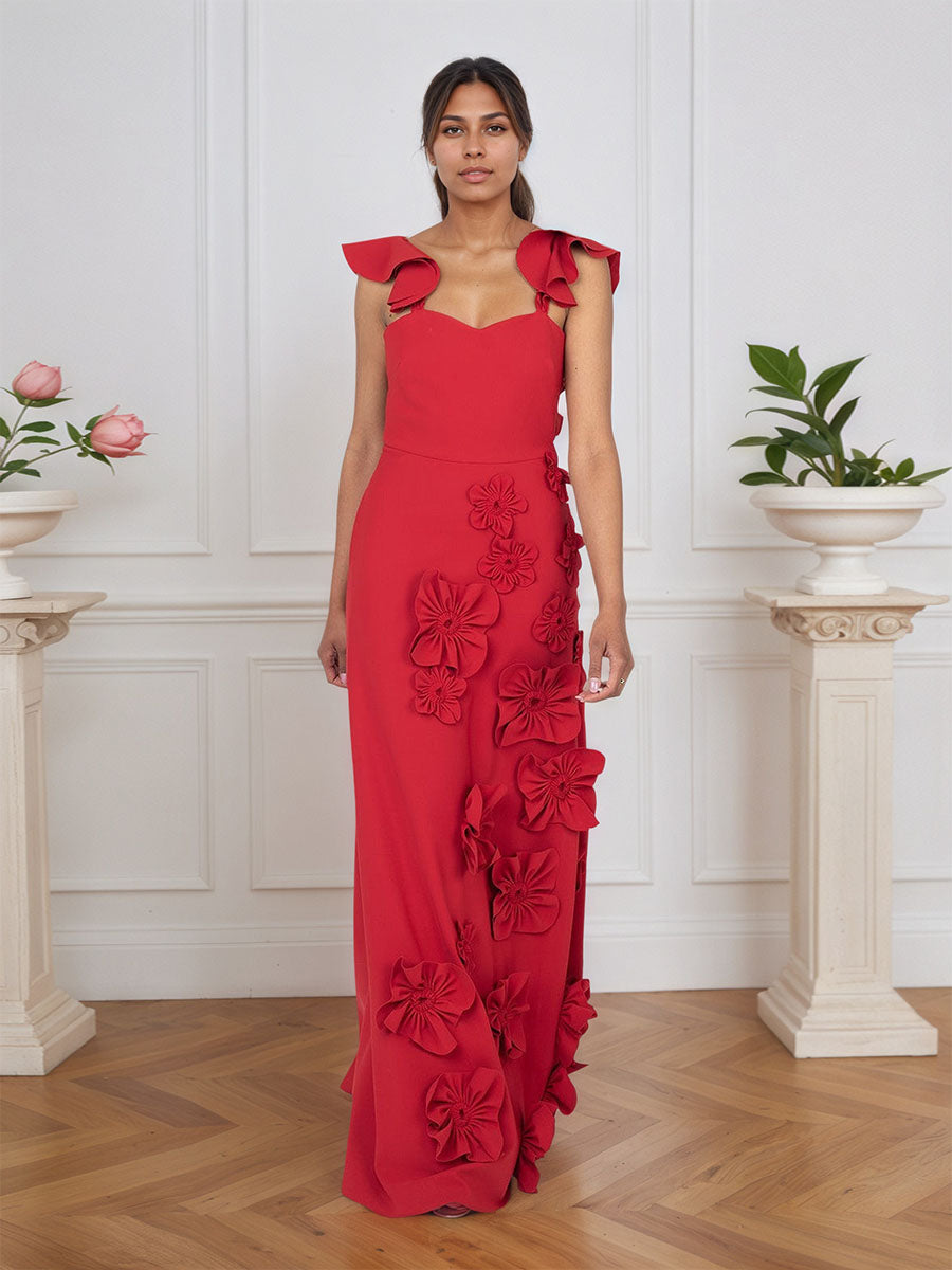 Robe de soirée lilas fourreau floral 3D avec manches à volants