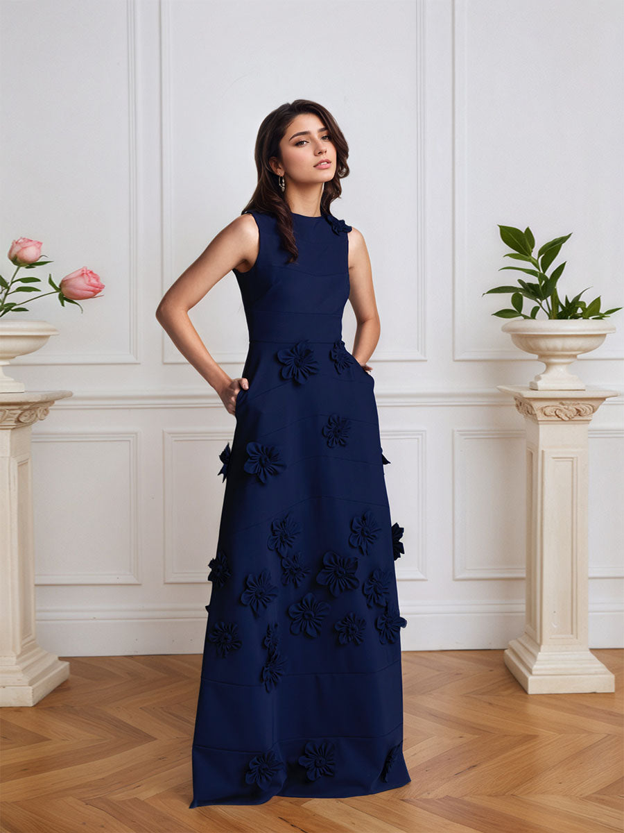 Vestido formal lilás justo com flores 3D e mangas com babados