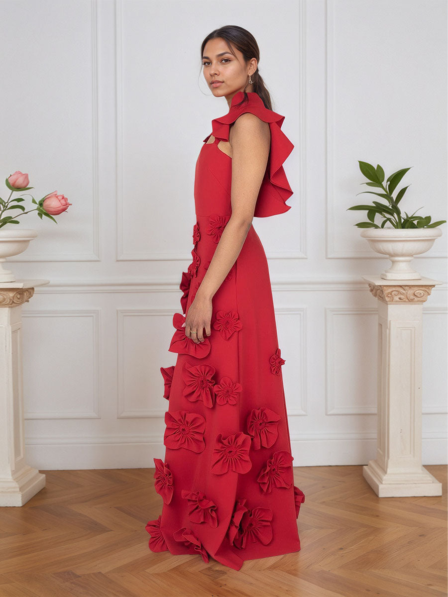 Vestido formal lilás justo com flores 3D e mangas com babados