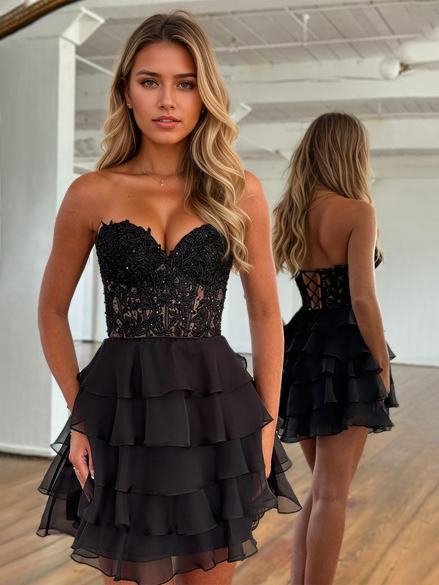 A-Linien Herzausschnitt kurzes gestuftes Spitzenoberteil Abschlussballkleid
