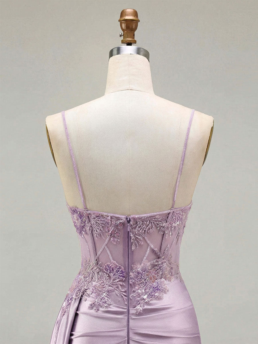Abito da ballo lungo in raso lilla con corsetto perline e spacco alto