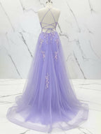 Lilac Floral Spaghetti Straps Embroidered Corset Long Prom Dress
