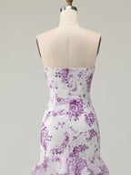 Lilac Flower Mermaid Strapless Tiered Print Long Prom Dress with Ruffles