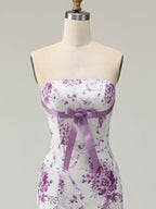 Lilac Flower Mermaid Strapless Tiered Print Long Prom Dress with Ruffles