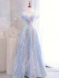 Lilac Off The Shoulder Sequins Ruffle Tulle Boho Prom Dress