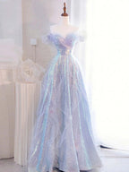 Lilac Off The Shoulder Sequins Ruffle Tulle Boho Prom Dress