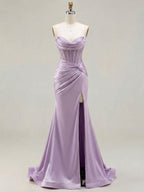 Lilac Satin Strapless Beaded Bodice Cowl Neck Corset Prom Dress