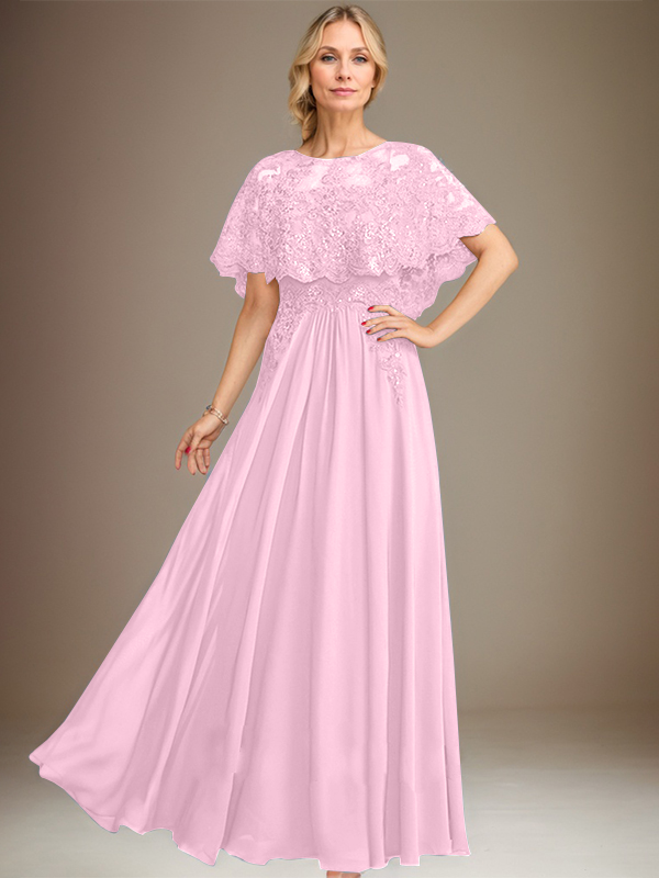 A-Linien Spitzen-Chiffon-Mutter-der-Braut-Kleid mit Bootsausschnitt, bodenlang und Applikations-Pailletten